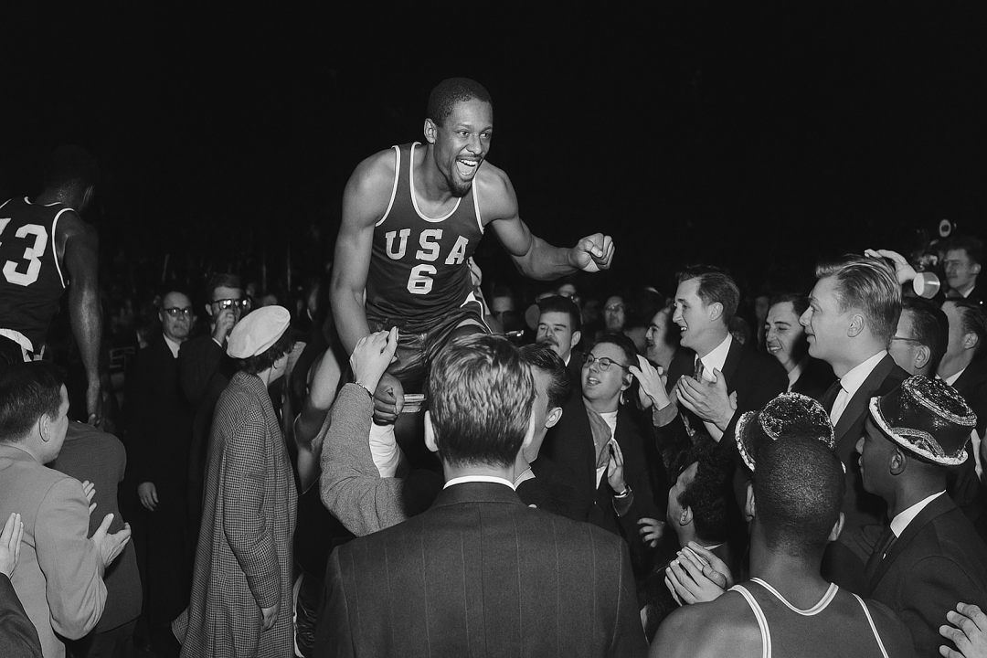 Bill Russell nos braços da torcida em Melbourne 1956