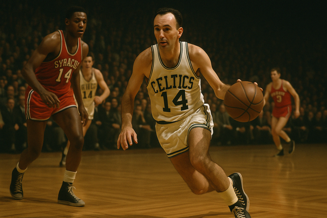 Bob Cousy (#14), armador do Boston Celtics, executa um drible de corpo com maestria, deixando para trás os defensores do Syracuse Nationals. Cena recriada do jogo histórico em que o Celtics venceu sua primeira série de playoffs, com Cousy anotando impressionantes 50 pontos. Boston fechou a série em 2–0, iniciando uma era de glórias na franquia.