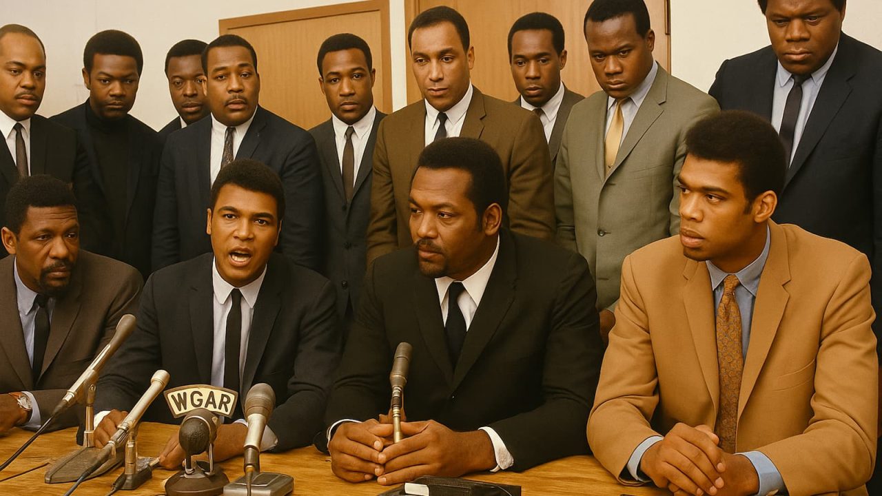 Na histórica conferência de imprensa em Cleveland, Bill Russell e grandes nomes do esporte se reúnem em apoio a Muhammad Ali, que havia se recusado a se alistar no Exército dos EUA durante a Guerra do Vietnã, citando objeções de consciência.